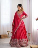 Pink Color Natural Crepe Silk Fabric Thread With Sequence Work Lehenga