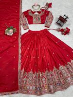 Pink Color Natural Crepe Silk Fabric Thread With Sequence Work Lehenga