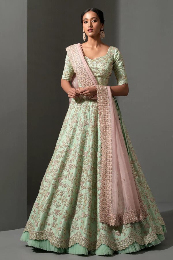 Pista Color Mulberry Silk Fabric Sequence With Net Ruffle Work Lehenga