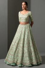 Pista Color Mulberry Silk Fabric Sequence With Net Ruffle Work Lehenga