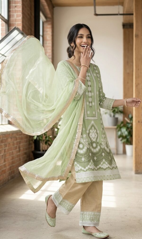 Pista Color Slub Silk Fabric Chain Stitch Embroidery Work Suit