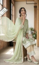 Pista Color Slub Silk Fabric Chain Stitch Embroidery Work Suit