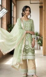 Pista Color Slub Silk Fabric Chain Stitch Embroidery Work Suit