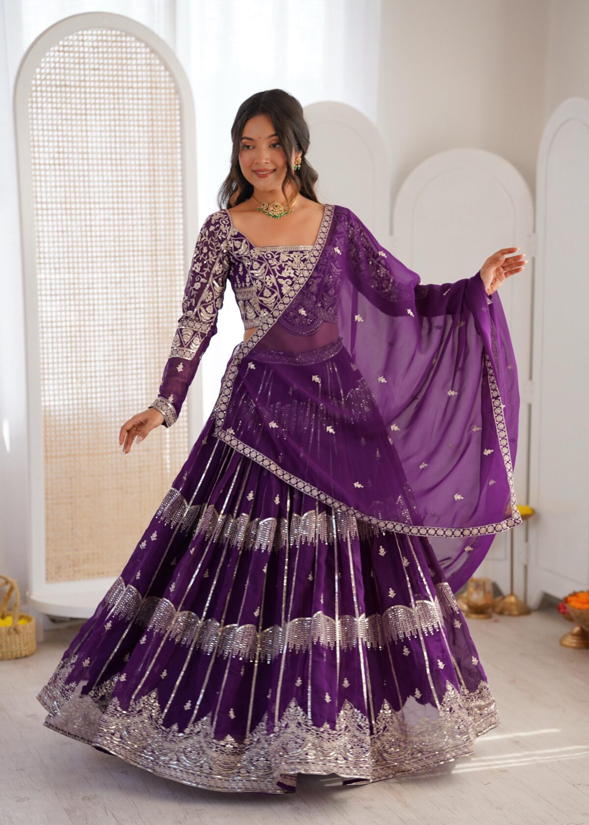 Purple Color Faux Georgette Fabric Sequence Work Lehenga