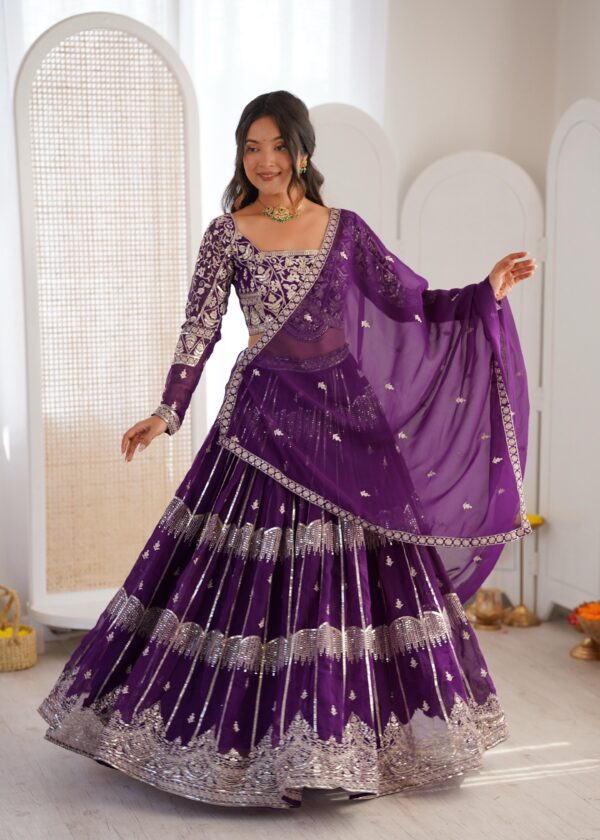 Purple Color Faux Georgette Fabric Sequence Work Lehenga