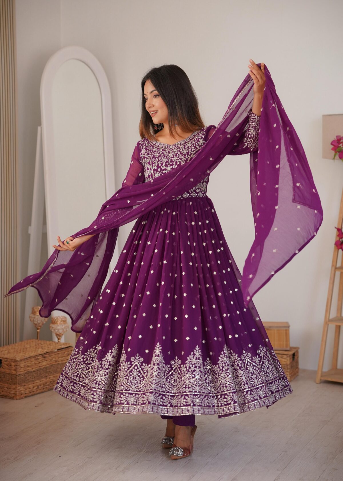 Purple Color Faux Georgette Fabric Thread With Sequence Work Anarkali Suit