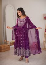 Purple Color Faux Georgette Fabric Thread With Sequence Work Anarkali Suit
