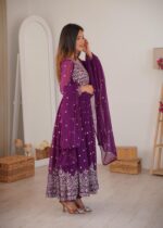 Purple Color Faux Georgette Fabric Thread With Sequence Work Anarkali Suit