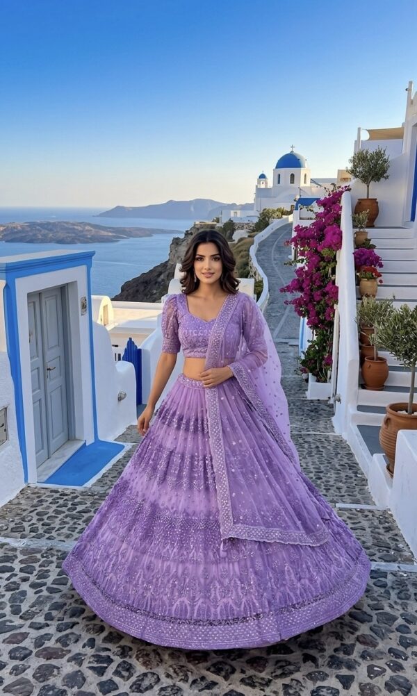 Purple Color Net Fabric Sequence With Jari Work Lehenga