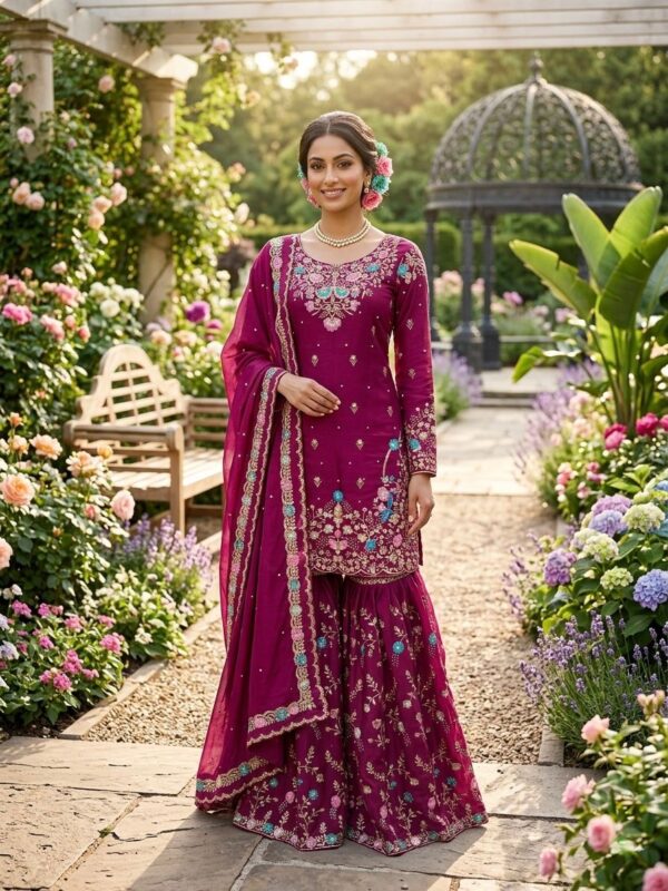 Rani Pink Color Jimmy Choo Fabric Pearl Work Sharara Set