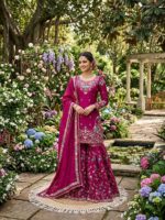 Rani Pink Color Jimmy Choo Fabric Pearl Work Sharara Set