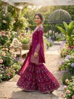 Rani Pink Color Jimmy Choo Fabric Pearl Work Sharara Set