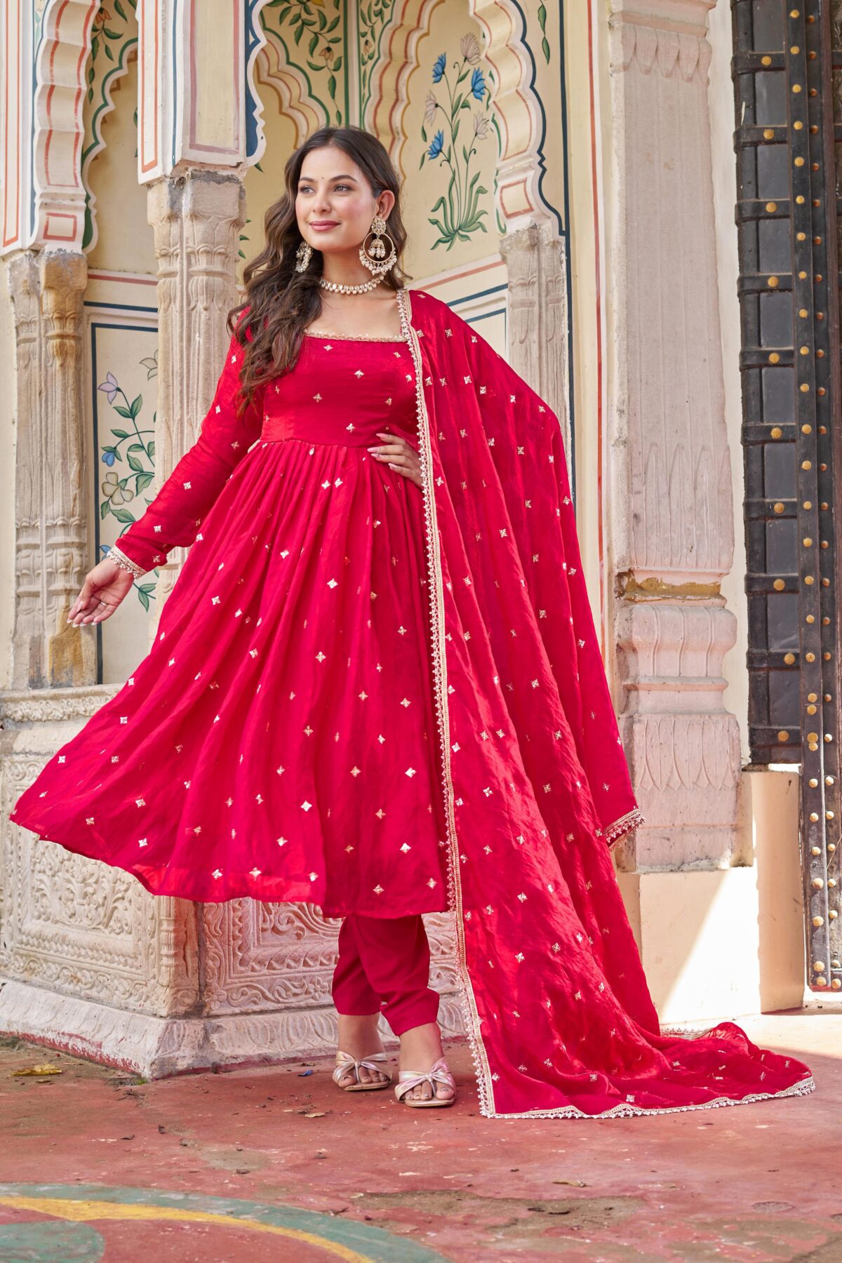 Red Color Fendi Silk Fabric Sequence Work Suit