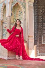 Red Color Fendi Silk Fabric Sequence Work Suit