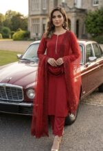 Red Color Japan Silk Fabric Pearl Work Suit