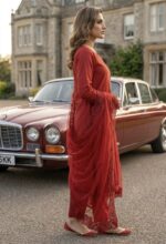 Red Color Japan Silk Fabric Pearl Work Suit