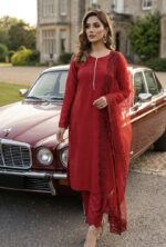 Red Color Japan Silk Fabric Pearl Work Suit