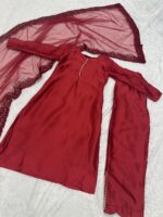 Red Color Japan Silk Fabric Pearl Work Suit