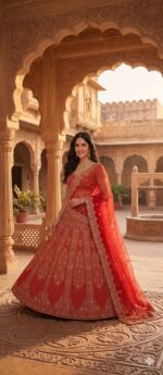 Red Color Malai Satin Fabric Sequence With Coding Work Katrina Kaif Lehenga
