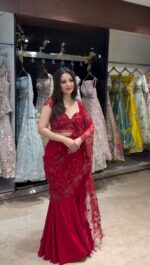 Red Color Natural Crepe Fabric Sequence Work Ready To Wear Lehenga Saree