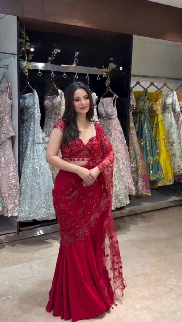 Red Color Natural Crepe Fabric Sequence Work Ready To Wear Lehenga Saree