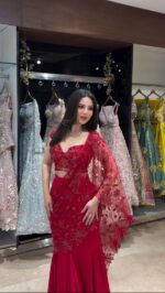 Red Color Natural Crepe Fabric Sequence Work Ready To Wear Lehenga Saree