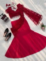 Red Color Natural Crepe Fabric Sequence Work Ready To Wear Lehenga SareeRed Color Natural Crepe Fabric Sequence Work Ready To Wear Lehenga Saree