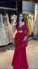 Red Color Natural Crepe Fabric Sequence Work Ready To Wear Lehenga Saree