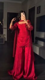 Red Color Natural Crepe Silk Fabric Bead Work Palazzo Suit