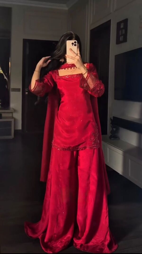 Red Color Natural Crepe Silk Fabric Bead Work Palazzo Suit