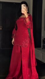 Red Color Natural Crepe Silk Fabric Bead Work Palazzo Suit