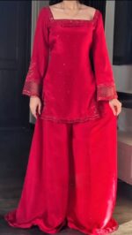 Red Color Natural Crepe Silk Fabric Bead Work Palazzo Suit