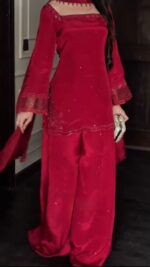 Red Color Natural Crepe Silk Fabric Bead Work Palazzo Suit