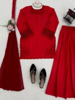 Red Color Natural Crepe Silk Fabric Bead Work Palazzo Suit