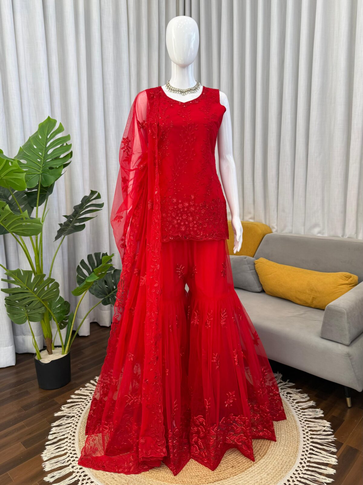 Red Color Soft Net Fabric Thread With Sequence Work Sharara Set