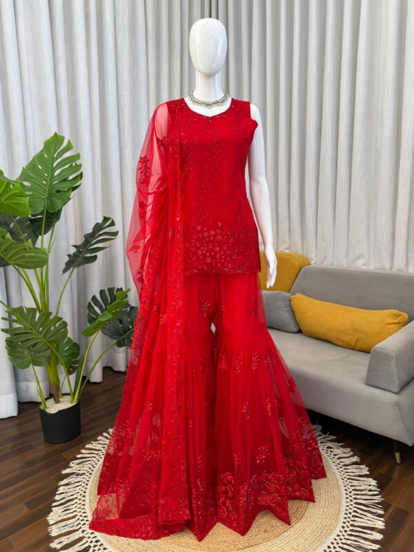Red Color Soft Net Fabric Thread With Sequence Work Sharara Set