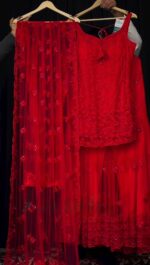 Red Color Soft Net Fabric Thread With Sequence Work Sharara Set