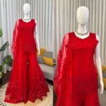 Red Color Soft Net Fabric Thread With Sequence Work Sharara Set