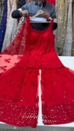 Red Color Soft Net Fabric Thread With Sequence Work Sharara Set