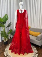 Red Color Soft Net Fabric Thread With Sequence Work Sharara Set