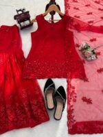 Red Color Soft Net Fabric Thread With Sequence Work Sharara Set