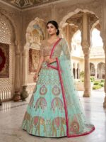 Sea Green Color Slub Silk Fabric Sequence With Foil Mirror Work Lehenga