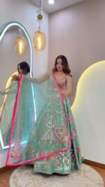 Sea Green Color Slub Silk Fabric Sequence With Foil Mirror Work Lehenga