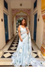 Sky Color Georgette Fabric Print With Picho Work Lehenga Saree