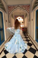 Sky Color Georgette Fabric Print With Picho Work Lehenga Saree