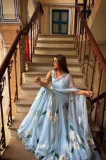 Sky Color Georgette Fabric Print With Picho Work Lehenga Saree