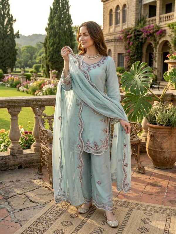 Sky Color Jimmy Choo Silk Fabric Thread Work Palazzo Suit