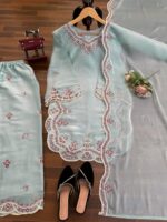 Sky Color Jimmy Choo Silk Fabric Thread Work Palazzo Suit