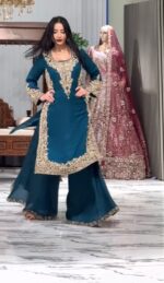 Teal Blue Color Faux Georgette Fabric Thread With Sequence Work Palazzo Suit