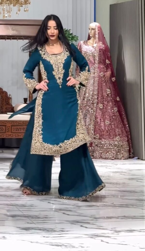 Teal Blue Color Faux Georgette Fabric Thread With Sequence Work Palazzo Suit